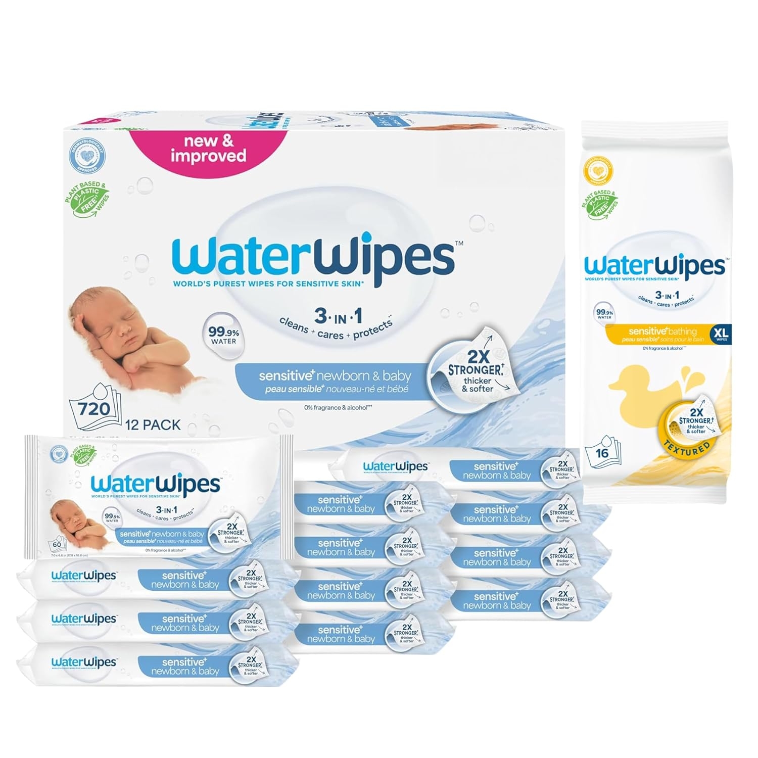 WaterWipes Sensitive+ Newborn & Baby Wipes, 3-In-1 Cleans, Cares, Protects, 99.9% Water, Unscented & Hypoallergenic, 720 Count (12 Packs) - Image 10