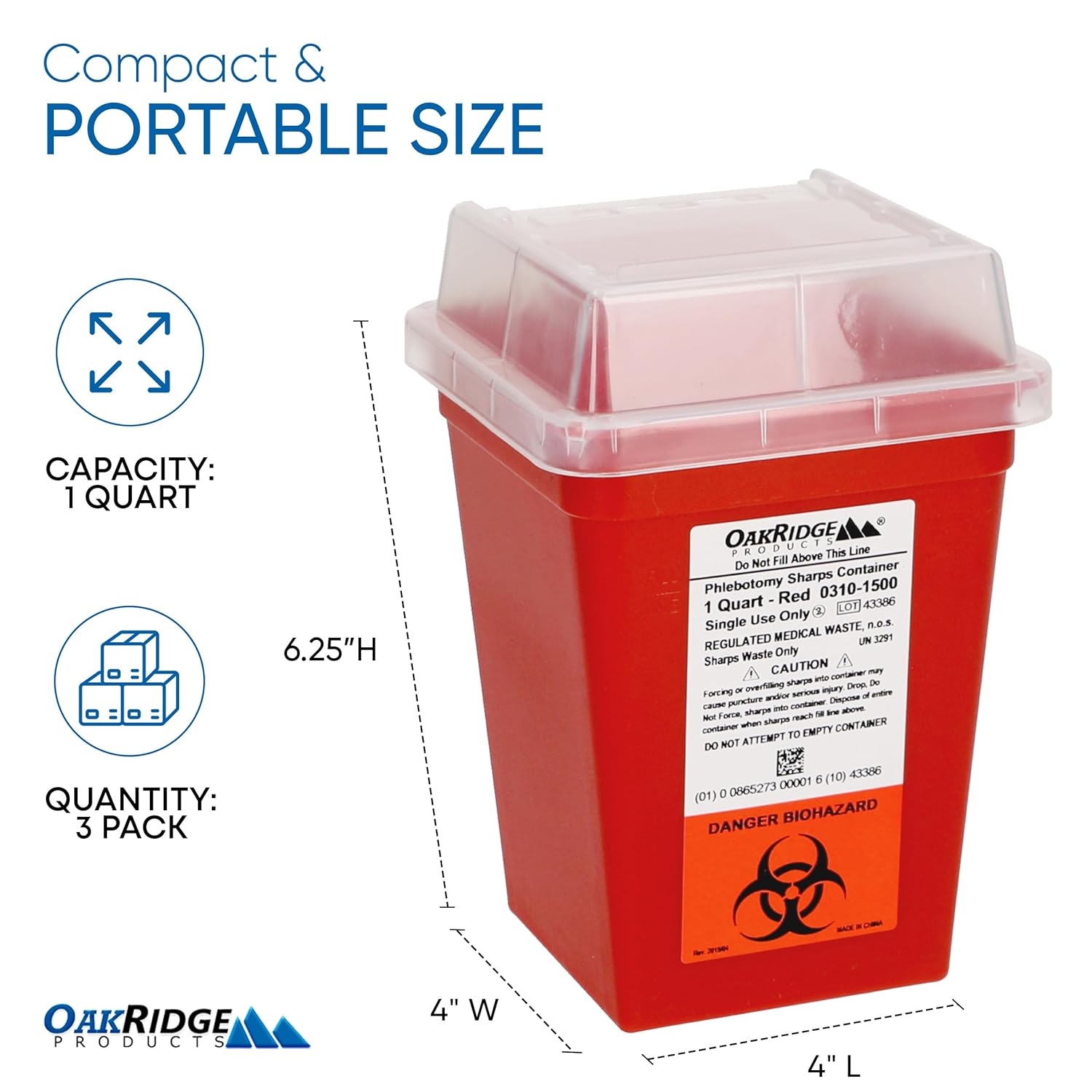Oakridge Products Sharps Container for Home Use and Professional 1 Quart (3-Pack), Biohazard Needle and Syringe Disposal, Small Portable Container for Travel, CDC Certified - Image 3