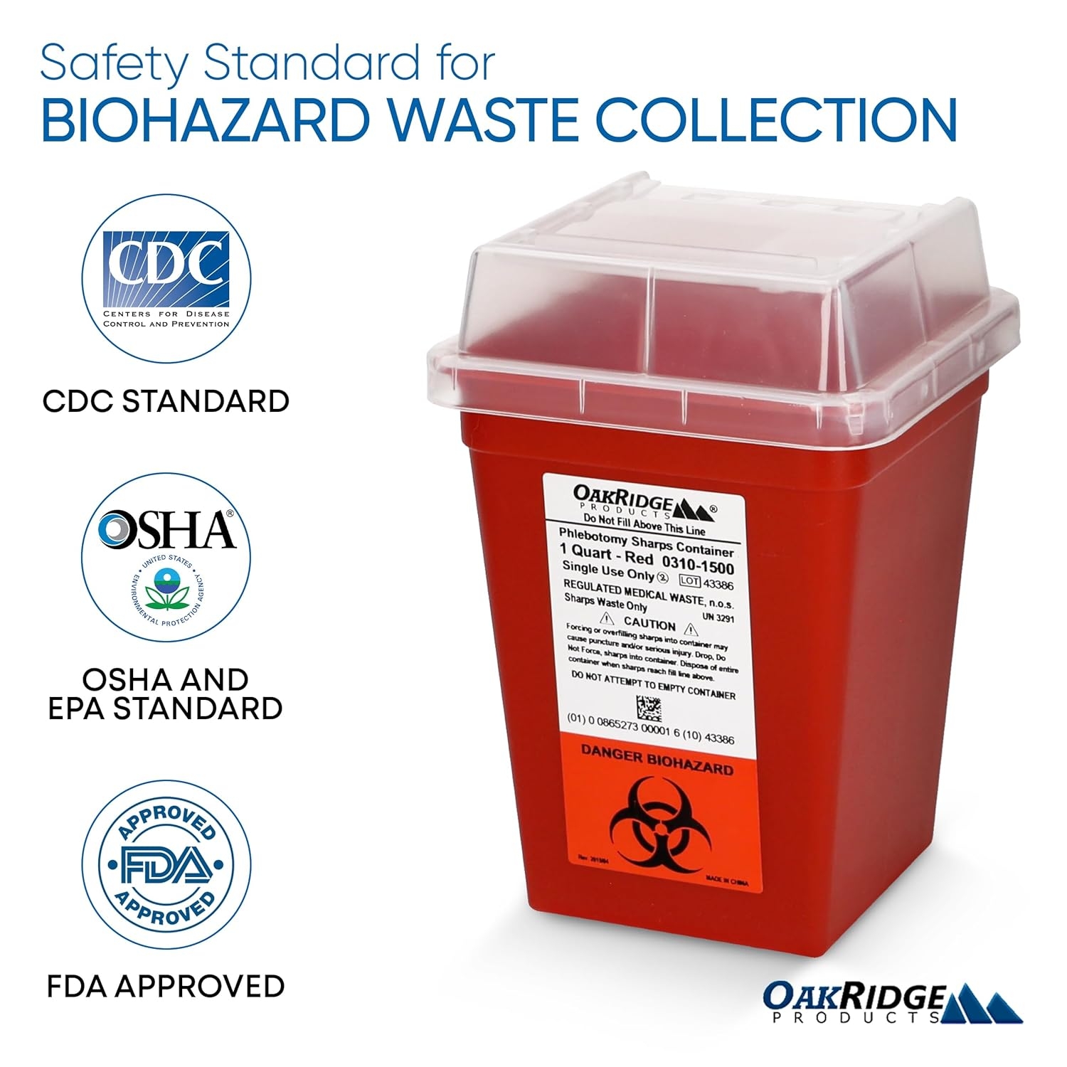 Oakridge Products Sharps Container for Home Use and Professional 1 Quart (3-Pack), Biohazard Needle and Syringe Disposal, Small Portable Container for Travel, CDC Certified - Image 6