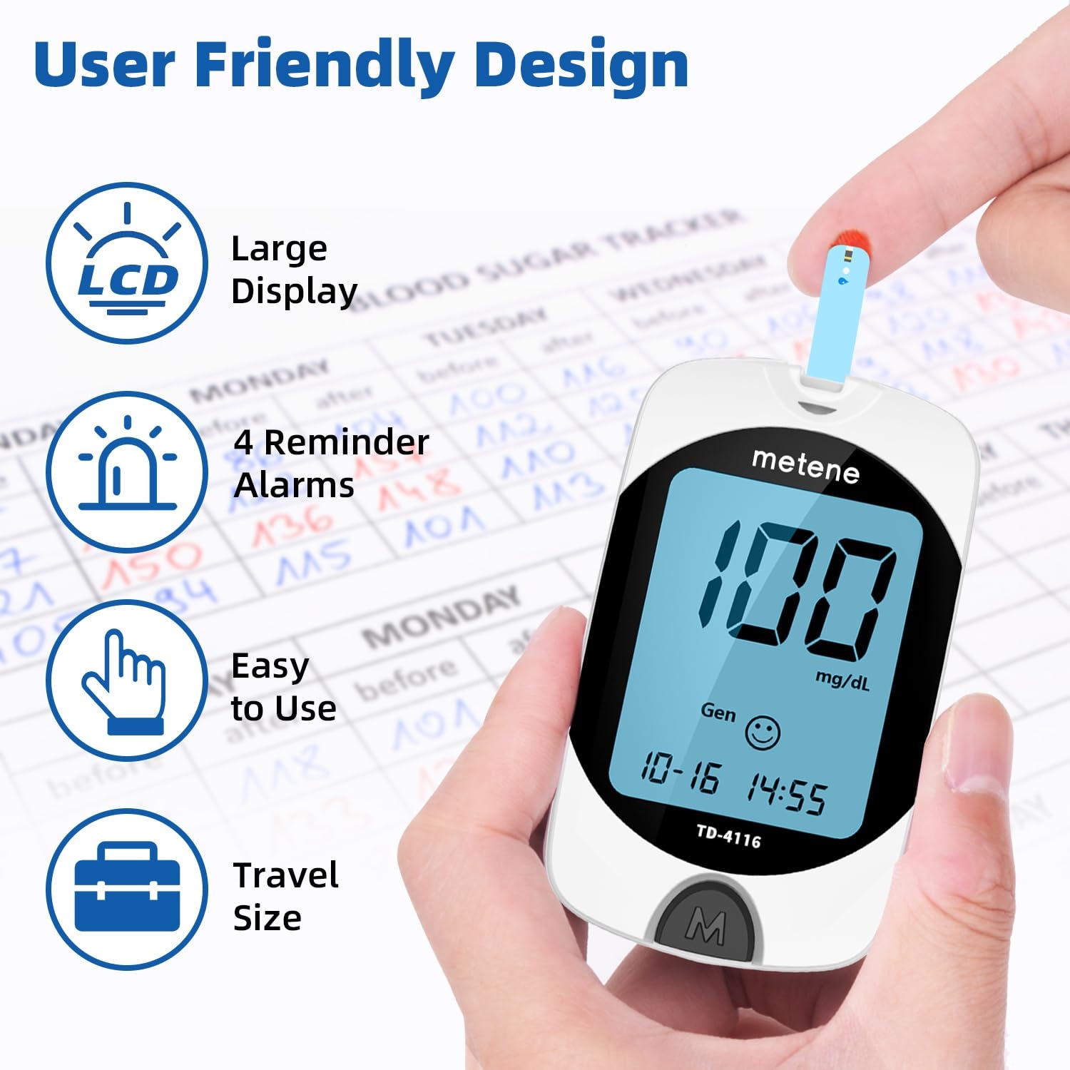 Metene TD-4116 Blood Glucose Monitor Kit, 100 Glucometer Strips, 100 Lancets, 1 Blood Sugar Monitor, Blood Sugar Test Kit with Control Solution, Lancing Device, No Coding, Large Display - Image 4