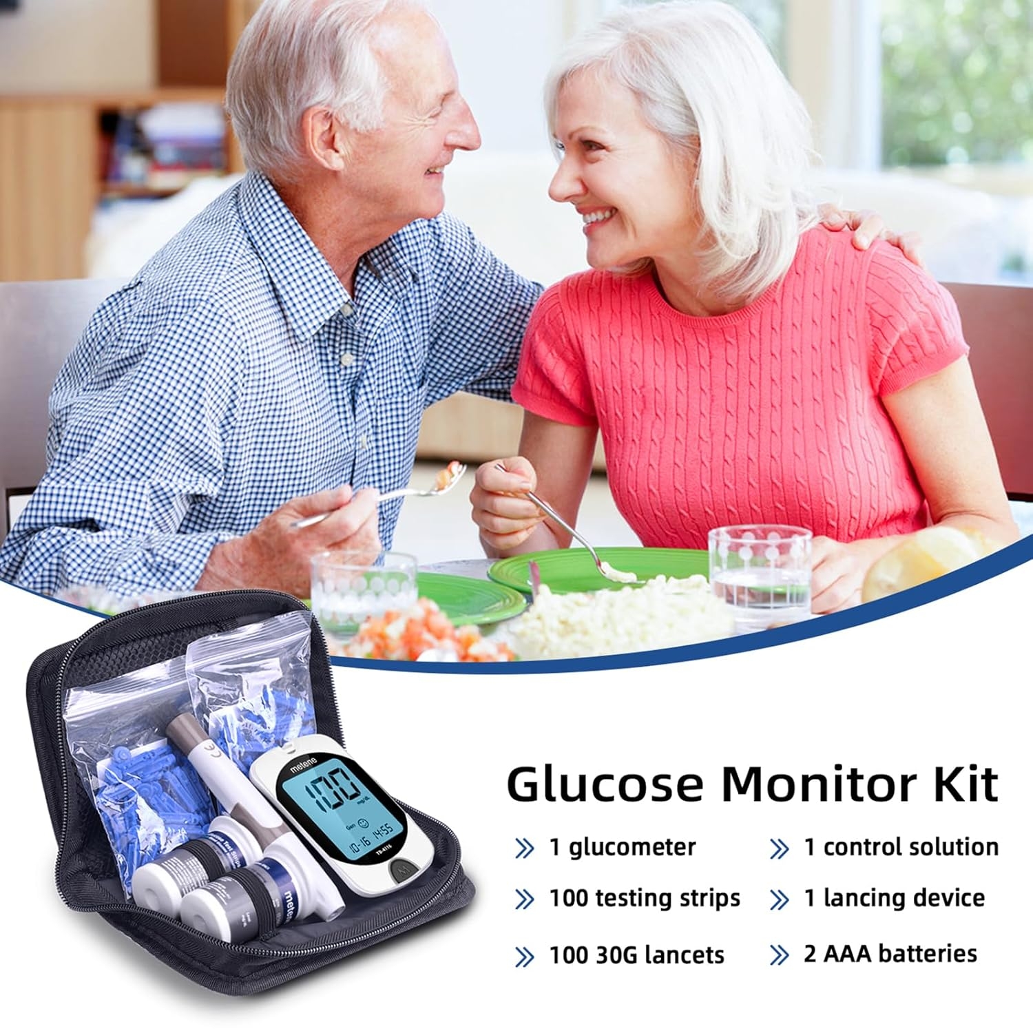 Metene TD-4116 Blood Glucose Monitor Kit, 100 Glucometer Strips, 100 Lancets, 1 Blood Sugar Monitor, Blood Sugar Test Kit with Control Solution, Lancing Device, No Coding, Large Display - Image 6