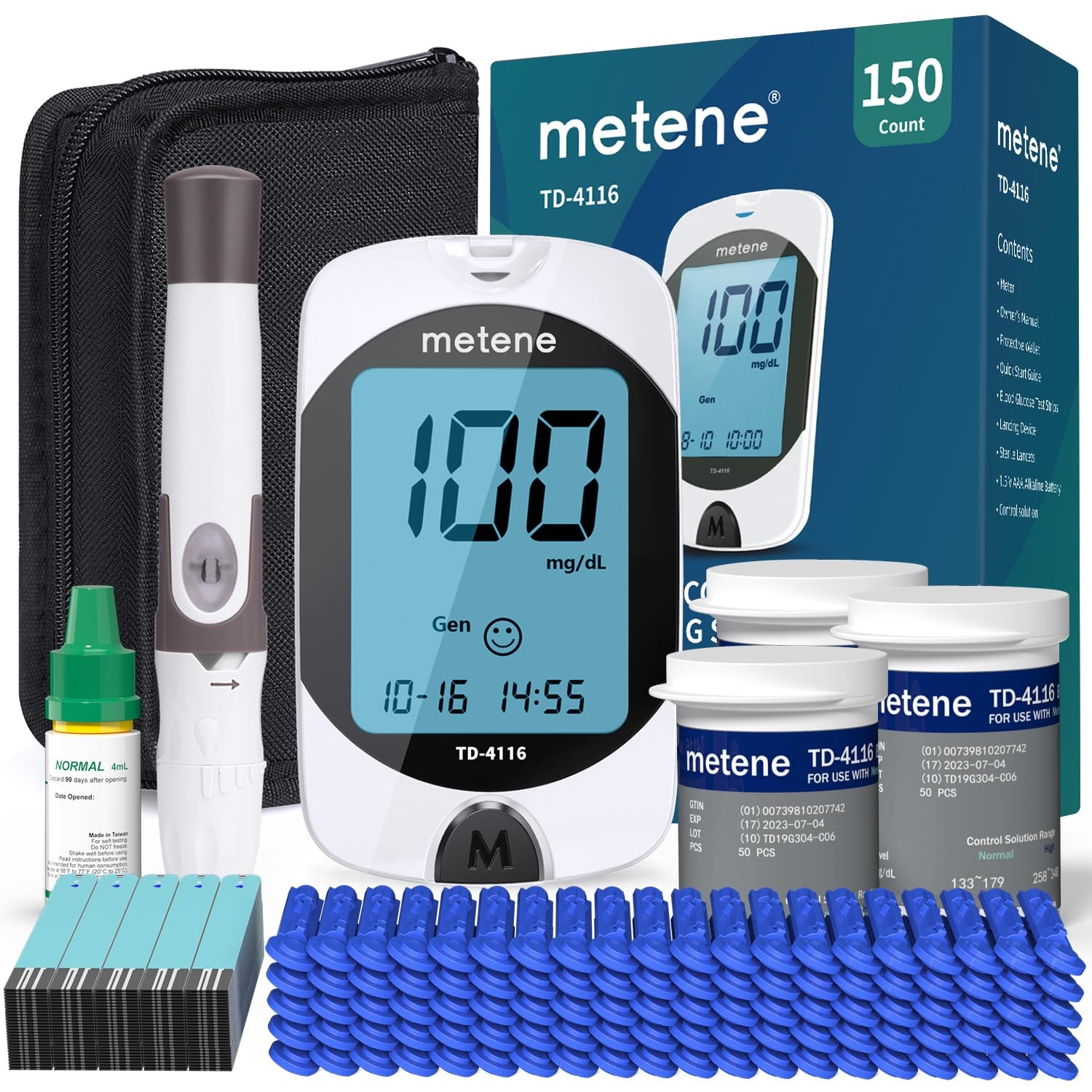 Metene TD-4116 Blood Glucose Monitor Kit, 100 Glucometer Strips, 100 Lancets, 1 Blood Sugar Monitor, Blood Sugar Test Kit with Control Solution, Lancing Device, No Coding, Large Display - Image 8