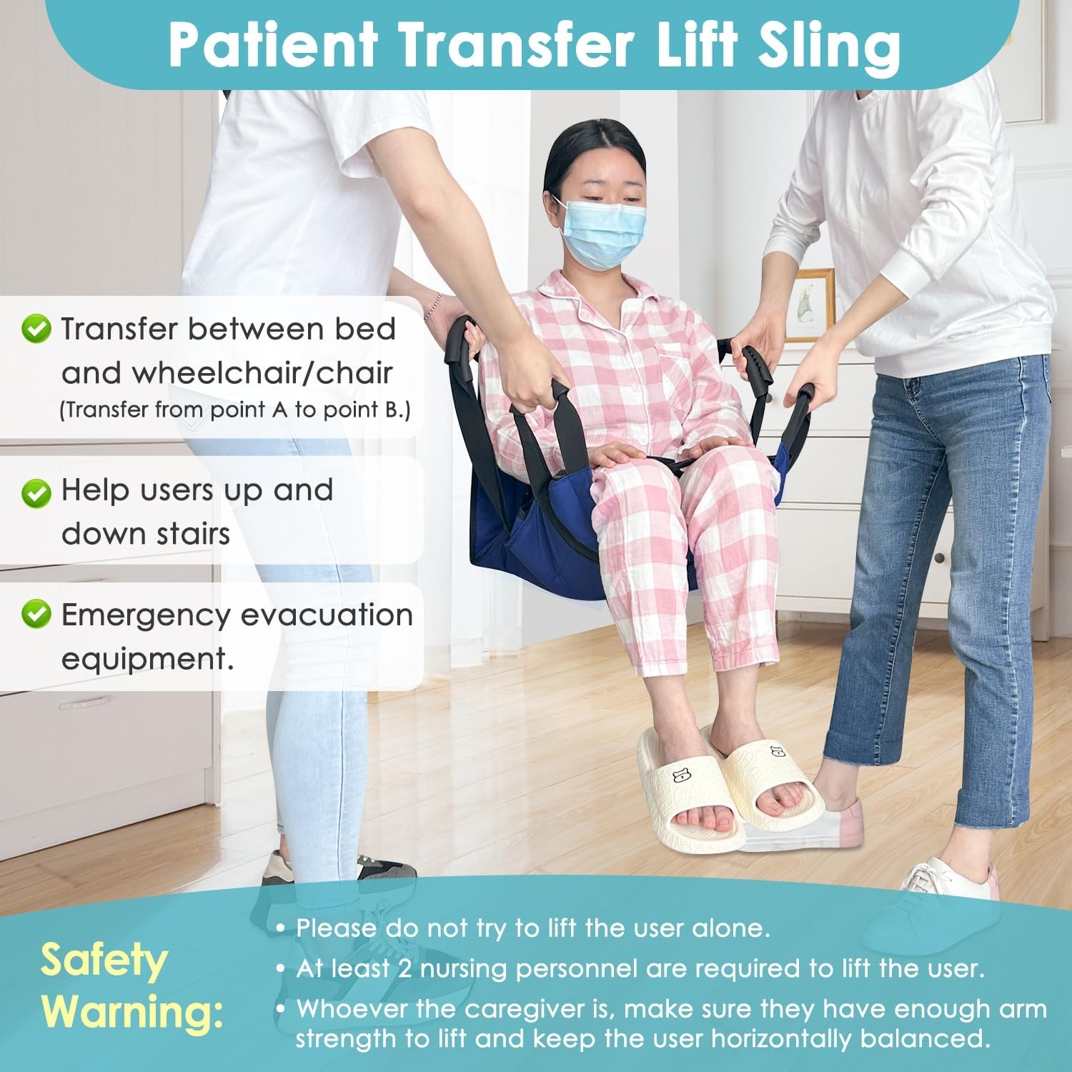 Patient Lift Transfer Belt from Bed to Wheelchair Stair Transfer Emergency Evacuation Chair Pad Safety Medical Lifting Sling Slide Board Transferring for Elderly, Disabled, Adults (Blue - 4 Handles) - Image 2