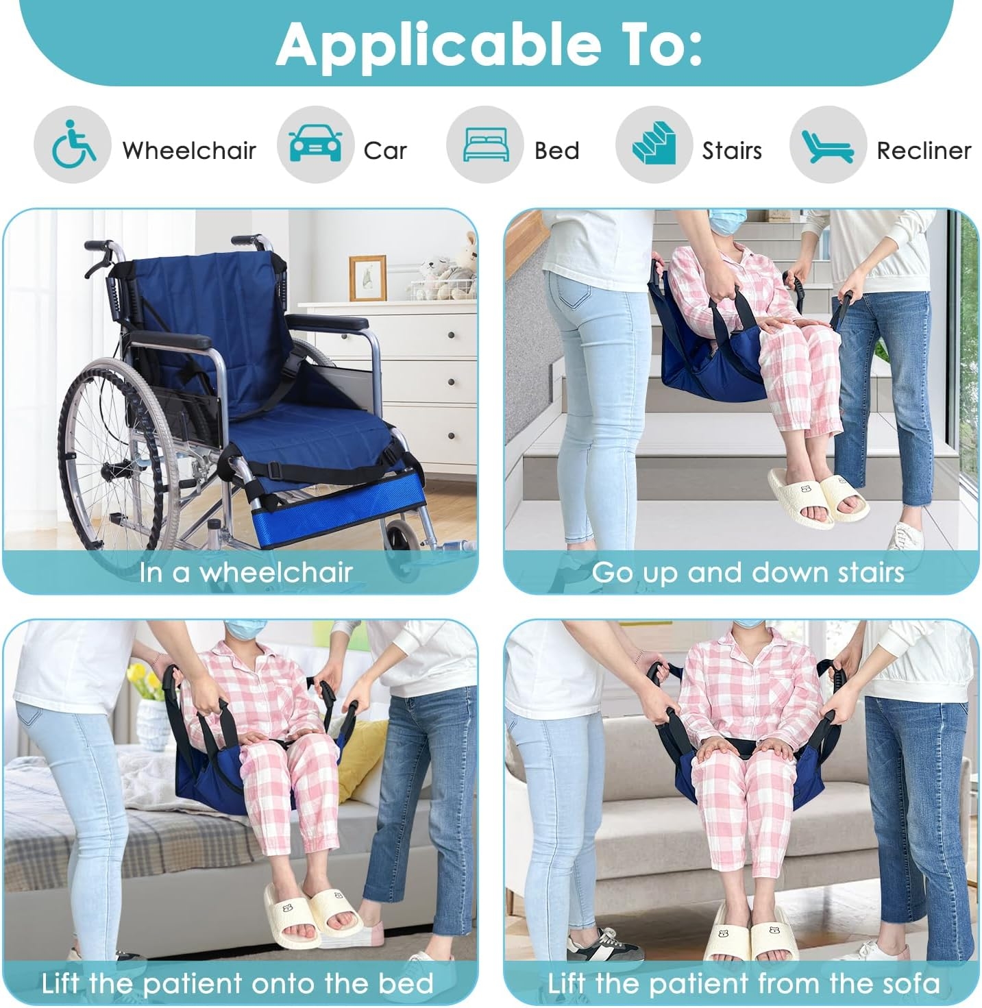 Patient Lift Transfer Belt from Bed to Wheelchair Stair Transfer Emergency Evacuation Chair Pad Safety Medical Lifting Sling Slide Board Transferring for Elderly, Disabled, Adults (Blue - 4 Handles) - Image 6