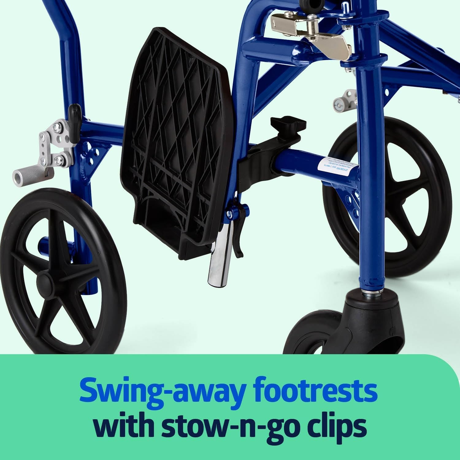 Medline Ultra Lightweight Transport Wheelchair for Adults, Foldable, 19-Inch Seat Width, Blue Frame, Black Upholstery - Image 5
