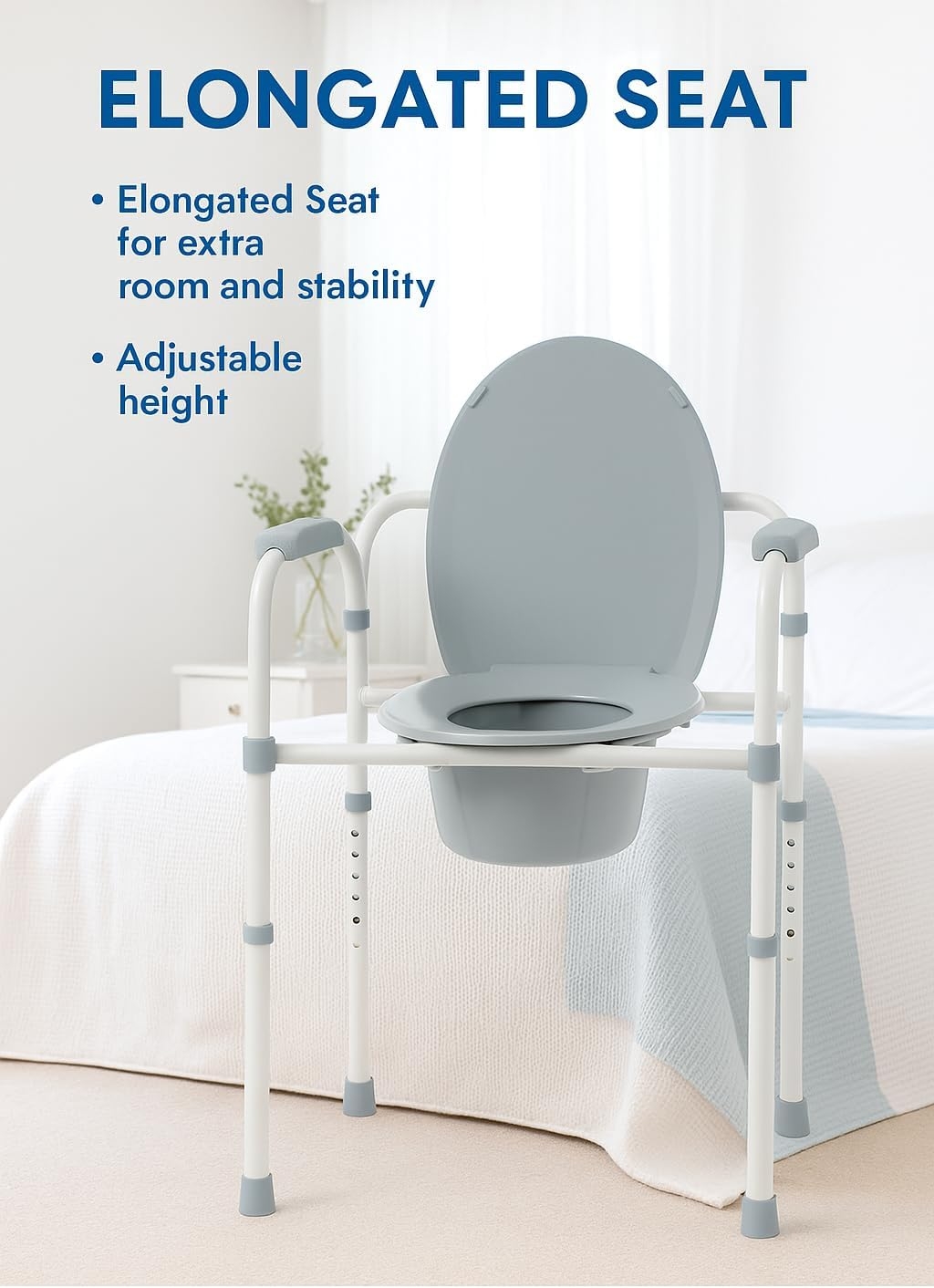 Dr. Dunley 3-in-1 Bedside Commode Chair with Elongated Seat – Steel Folding Frame, 7.5 QT Bucket, 350 lb Weight Capacity, Clip-On Toilet Seat, Bathroom Safety Aid for Seniors, Tool-Free Assembly - Image 5