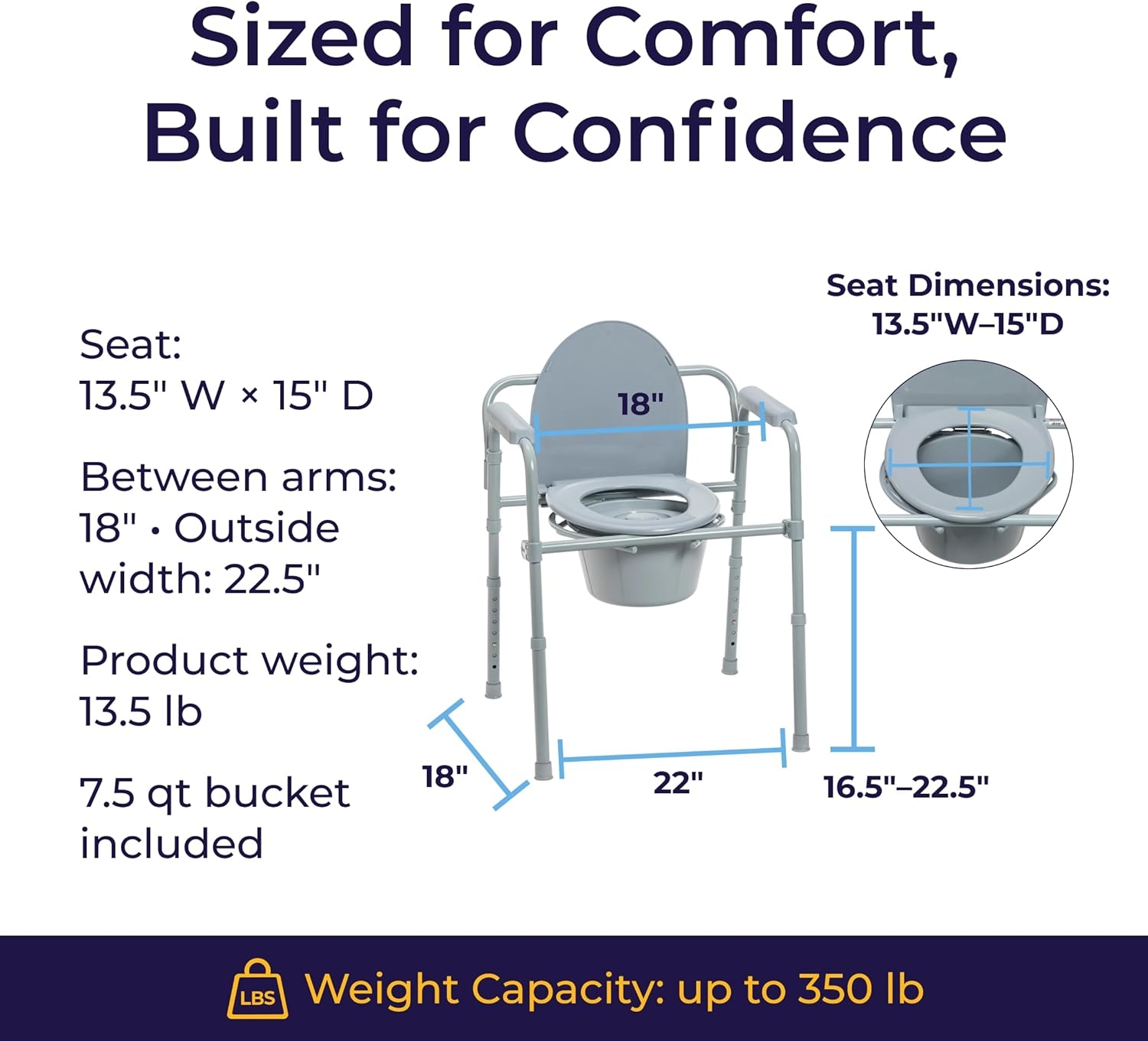 Drive Medical Folding Steel Bedside Commode Chair - Portable 3-in-1 Toilet Solution - Adjustable Height - 7.5 Qt Bucket Included - Durable Powder-Coated Steel Frame - Supports up to 350 Lb - Image 7