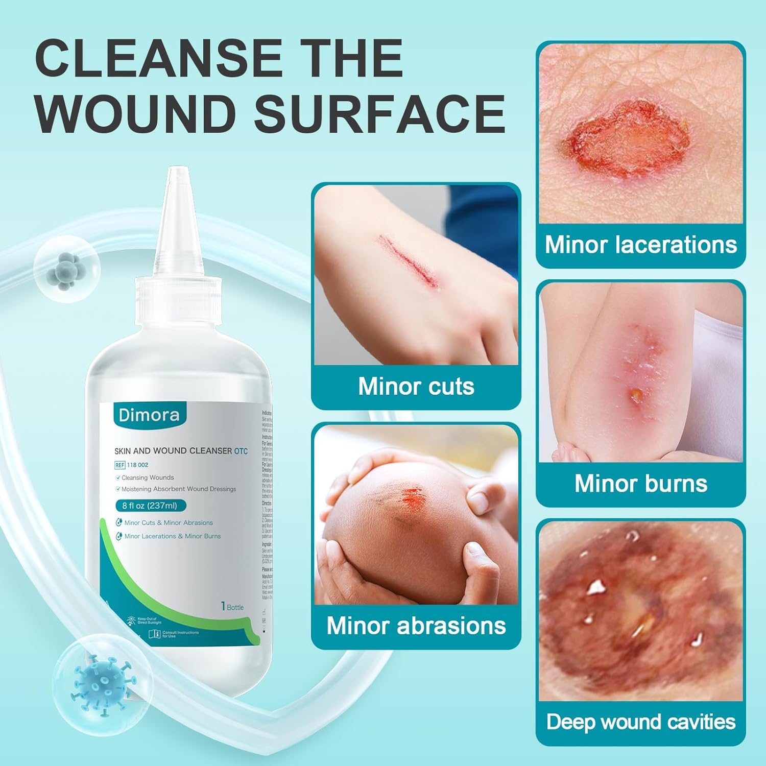 Dimora Skin and Wound Cleanser, OTC First Aid Antiseptic Cleanser,Moistening Absorbent Antibacterial Wound Dressings for Cuts, Abrasions, Lacerations, Burns, Skin Cleansing and Rinsing -8oz / 237mL - Image 2