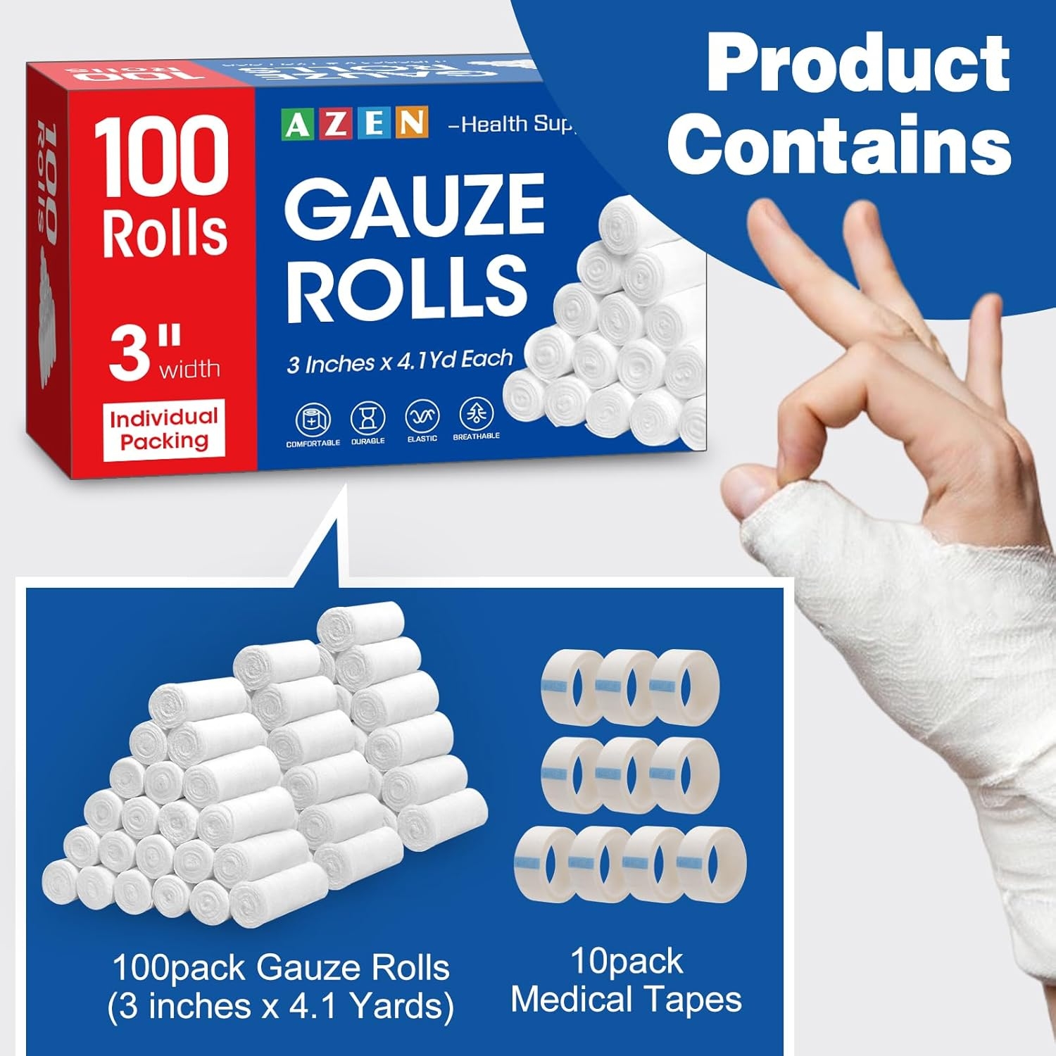 AZEN 100 Pack Gauze Rolls Bandages, 3 in x 4.1 Yards, First Aid Supplies & Premium Medical Supplies, Bandage Wrap Vet Wrap - Image 2