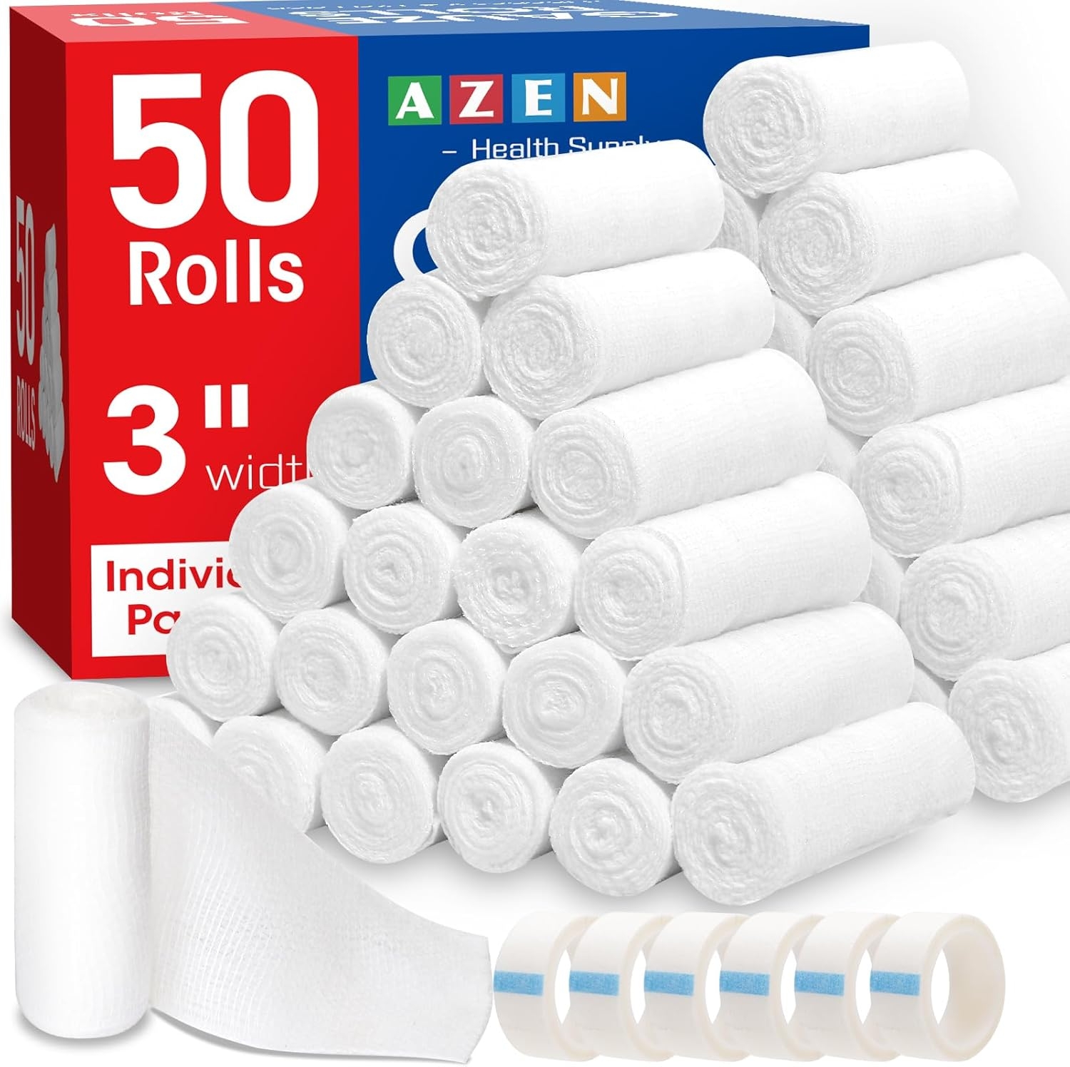 AZEN 100 Pack Gauze Rolls Bandages, 3 in x 4.1 Yards, First Aid Supplies & Premium Medical Supplies, Bandage Wrap Vet Wrap - Image 8