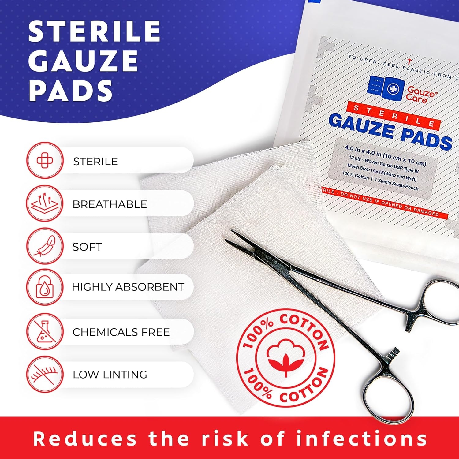 100pc Large Sterile Gauze Pads 4x4 Sterile for Wounds Bulk - 12ply Woven Gauze Sponges 4x4 Sterile - USP IV Breathable Mesh 4x4 Gauze Pads Sterile for Enhanced Absorption - First Aid Medical - Image 2